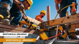 Close-up of a construction crew in Bentonville, Arkansas, assembling wooden beams with power tools and safety gear on a sunny day.