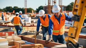 Construction workers in Bentonville, Arkansas, wearing orange safety vests and helmets, measuring and preparing materials at a busy construction site.