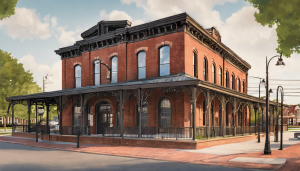 Historic red brick building with intricate iron detailing in downtown Bentonville, Arkansas, highlighting the city's rich architectural heritage.