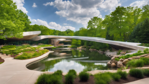 Modern architectural structure surrounded by lush greenery and a serene pond in Bentonville, Arkansas, showcasing the city's blend of innovation and nature.