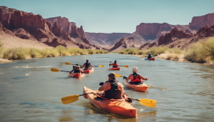 Group of kayakers paddling through the Colorado River near Bullhead City, Arizona, surrounded by stunning red rock canyons and lush desert vegetation.