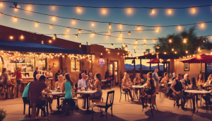 Outdoor dining in Bullhead City, Arizona, featuring a vibrant patio with string lights, happy diners, and a scenic desert backdrop at sunset.