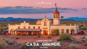 Historic Casa Grande building in Arizona with distinct Southwestern architecture, surrounded by desert vegetation at sunset.