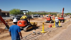 A busy construction site in Casa Grande, Arizona, with workers and equipment laying the groundwork for a commercial project amidst a desert landscape.