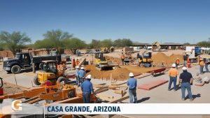 Construction workers operating heavy machinery on a development site in Casa Grande, Arizona, showcasing a growing infrastructure project under clear skies.