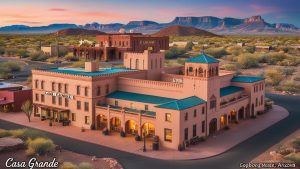 Casa Grande landmark in Arizona featuring Spanish-style architecture, set against a colorful desert backdrop during twilight hours.