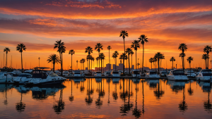 an image for a blog post about Top Attractions in Chula Vista, CA. Show a vibrant sunset over the Chula Vista Marina with boats, palm trees, and a silhouette of the city skyline.