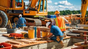 Construction workers preparing tools and working on-site with machinery in the background, illustrating progress and industrial activity in Conway, Arkansas.