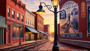 Charming street view of historic downtown Conway, Arkansas, featuring vintage-style buildings, a lit lamppost, and a mural highlighting the city's rich railroad history during a colorful sunset.