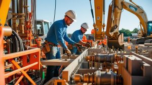 Team of construction workers operating heavy machinery and assembling infrastructure components on a sunny day in Conway, Arkansas, highlighting active development in the area