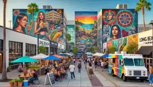 The image portrays a lively scene in Long Beach, showcasing vibrant street art murals that depict local culture and creativity. The bustling street is filled with diverse food trucks and fine dining options, where people enjoy various cuisines. A farmer’s market adds to the scene with stalls offering fresh produce, flowers, and artisanal goods, capturing the energetic and community-focused atmosphere of Long Beach’s cultural and dining highlights.