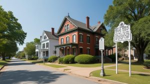 Picturesque Belle Grove Historic District in Fort Smith, Arkansas, featuring well-preserved Victorian homes, a historic marker, and tree-lined streets.