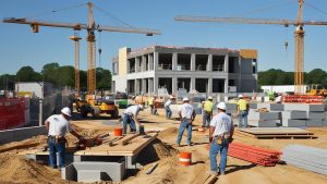 Active construction site in Fort Smith, Arkansas, featuring cranes, construction workers, and a partially constructed building under clear blue skies.