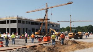 Fort Smith, Arkansas construction site showcasing cranes, heavy equipment, and workers preparing materials for a large-scale project.