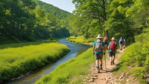 Scenic hiking trail alongside a calm river in Fort Smith, Arkansas, surrounded by lush green forest and hikers enjoying the natural landscape.