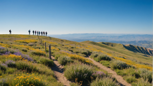 Create an image showcasing a group of friends hiking Mission Peak in Fremont, CA. Include the distinctive rolling hills, wildflowers, and the iconic summit pole. Display a clear blue sky and a sense of camaraderie.