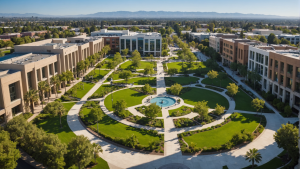 an image of Irvine, CA showcasing its diverse community, modern architecture, lush green spaces, and vibrant cultural scene. Include iconic landmarks like the Irvine Spectrum Center and UC Irvine campus.