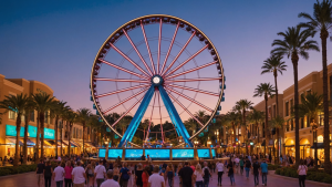 an image showcasing the iconic Giant Wheel at Irvine Spectrum Center, surrounded by colorful lights, palm trees, and bustling crowds enjoying the vibrant atmosphere.