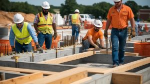 Construction workers in Jonesboro, Arkansas, actively building a project, demonstrating teamwork and the importance of performance bonds in construction contracts.