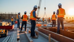 Construction crew working at sunset in Los Angeles, California, with cranes and palm trees in the distance, showcasing urban development and teamwork.