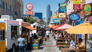 Bustling food truck market in Los Angeles, California, featuring a variety of international cuisines, vibrant signage, and diners enjoying outdoor seating.