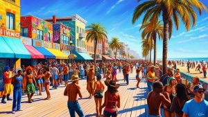 Colorful Venice Beach boardwalk in Los Angeles, California, with palm trees, local art, and a lively crowd enjoying the coastal attractions.