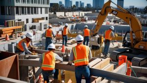 Construction workers in Los Angeles, California, actively working on a commercial development project with modern buildings and heavy machinery in the background.