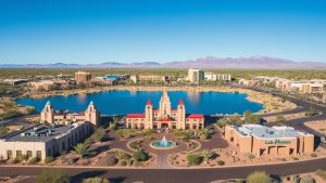 Aerial view of downtown Lake Havasu City, Arizona, featuring a scenic lake and architectural landmarks, relevant for businesses requiring performance bonds.