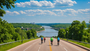 yclists riding along a scenic roadway with lush greenery and a view of the Arkansas River and bridges in North Little Rock, Arkansas, illustrating outdoor recreation and natural beauty.