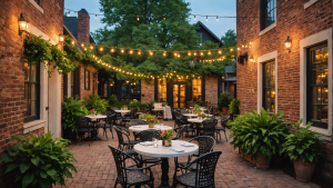 Charming outdoor dining space in North Little Rock, Arkansas, with string lights and brick buildings, emphasizing the city’s inviting atmosphere and dining options.