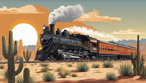 Classic steam locomotive traveling through the desert with cactus plants and a glowing sunset in the Marana, Arizona, landscape.