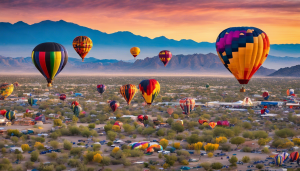 Colorful hot air balloons soaring over Marana, Arizona, with a stunning desert landscape and mountain backdrop during sunset.