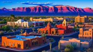 Vibrant downtown Maricopa, Arizona, at sunset, featuring historic architecture, colorful buildings, and picturesque mountain views.