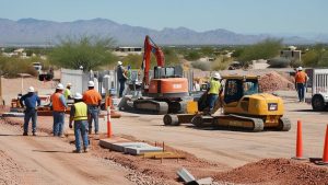 Construction workers and heavy machinery at a development site in Maricopa, Arizona, showcasing local infrastructure growth and project activities.