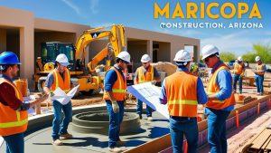 Construction professionals reviewing blueprints on-site in Maricopa, Arizona, with heavy equipment in the background, highlighting teamwork and project planning.