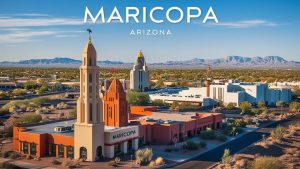 The skyline of Maricopa, Arizona, featuring iconic architecture, local landmarks, and a backdrop of desert scenery.