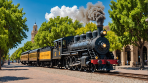 an image for a blog post on Modesto's History and Heritage. Feature a vintage steam locomotive passing through the historic downtown, with Victorian architecture and citrus groves in the background.