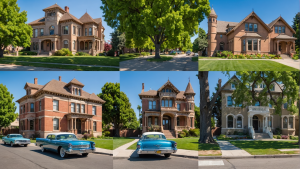 an image showcasing Modesto's must-visit attractions, including McHenry Mansion's Victorian architecture, Gallo Center for the Arts' modern design, and Graffiti Summer car show's nostalgic charm.