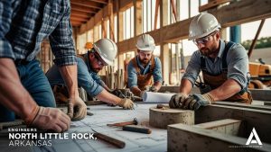 Engineers in North Little Rock, Arkansas, analyzing blueprints on a construction site, showcasing precision and collaboration in building projects.