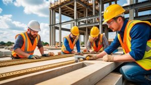 Construction workers in North Little Rock, Arkansas, collaborating on a large project site, wearing safety vests and helmets, highlighting teamwork and infrastructure development.