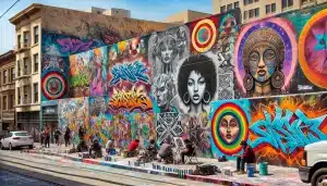 image showcasing the vibrant street art of Oakland, California. It captures the colorful murals, graffiti, and various styles and expressions that make up Oakland's street art culture.