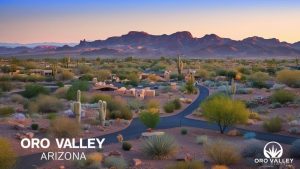 Scenic residential area in Oro Valley, Arizona, with adobe-style homes, desert landscaping, and the picturesque Catalina Mountains during sunset.