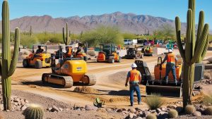 Construction workers operating heavy machinery in Oro Valley, Arizona, surrounded by desert landscapes and iconic cacti, with a backdrop of majestic mountains.