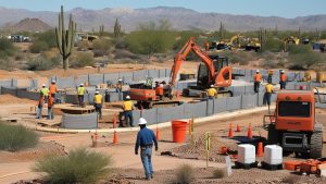 A construction site in Oro Valley, Arizona, featuring workers, excavators, and concrete forms, set amidst a desert landscape with saguaro cacti and mountain views.