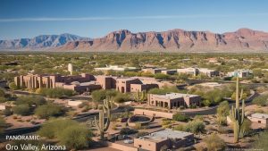 A panoramic view of Oro Valley, Arizona, showcasing modern architecture, desert flora, and the striking Catalina Mountains under a clear blue sky.