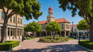 Image showcasing the historic Oxnard Heritage Square in California. Include the iconic Victorian-style Heritage Square buildings, lush gardens, and a glimpse of the vintage Oxnard Union Oil Company building nearby.