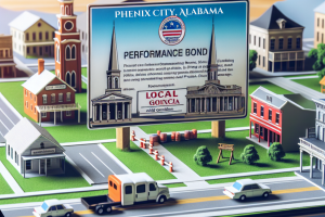 Illustration of a billboard in Phenix City, Alabama, advertising performance bonds for local construction projects, with a backdrop of small-town architecture, emphasizing local governance and contract security.