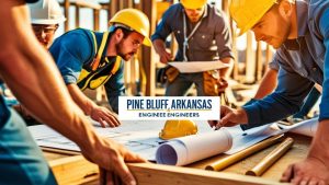 A group of engineers and construction workers in Pine Bluff, Arkansas, examining architectural plans on a construction site, emphasizing teamwork and planning.