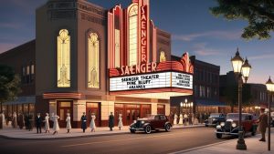 The historic Saenger Theater in Pine Bluff, Arkansas, illuminated at night, showcasing its vintage marquee and vibrant architecture with people dressed in 1930s attire.