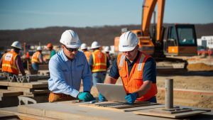 A team of construction workers in safety gear reviewing blueprints and plans on a laptop at a Pine Bluff, Arkansas, job site, with heavy machinery in the background.